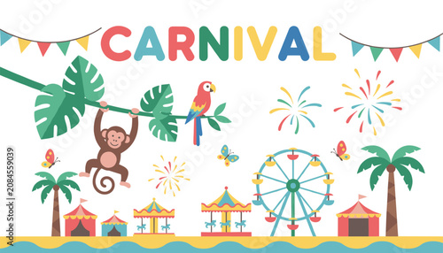 Carnival banner with cute jungle animals, amusement park carousels, ferris wheel, and colorful fireworks on white.