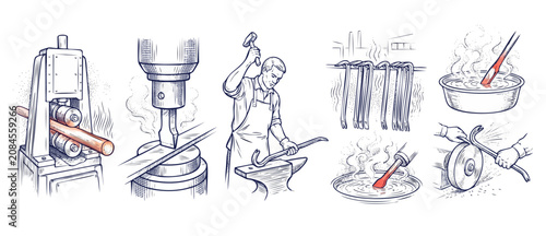 Картината върху платно Blacksmith metal forging manufacturing process engraving illustration with sketc