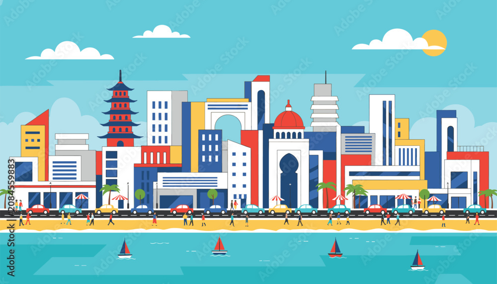 Fototapeta premium Stylized coastal cityscape with diverse architecture beachfront road and sailboats on blue water.