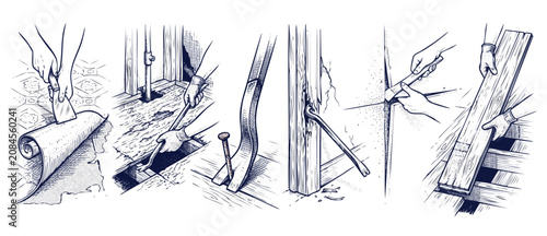 Home renovation hand tools sketches showing flooring demolition and hardwood installation process in engraving style, detailing DIY carpentry, scraping, pulling nails, and house remodeling procedures.