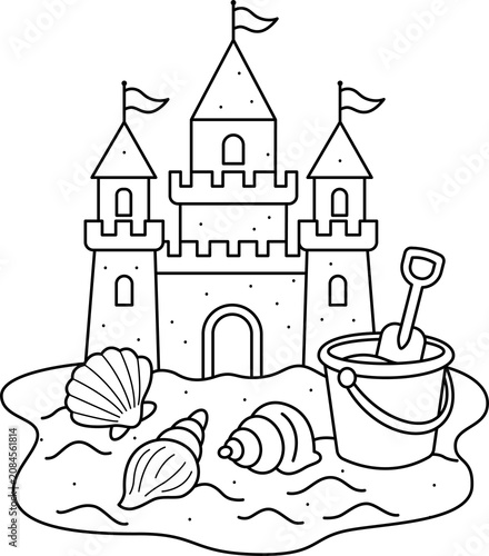Sandcastle, white background, for coloring or decorating in the summer.