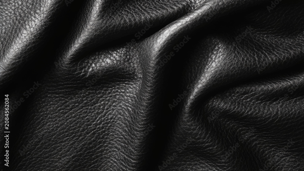 Fototapeta premium Black leather with waves and folds. Textured background of faux or eco leather, vegan artificial material on PVC base. Close up of texture, macro