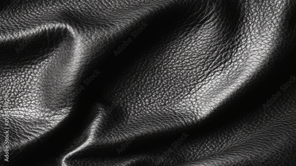 Naklejka premium Luxurious black leather with gentle folds and shadows. Rich deep black genuine leather textured material background close up with natural wrinkles and folds