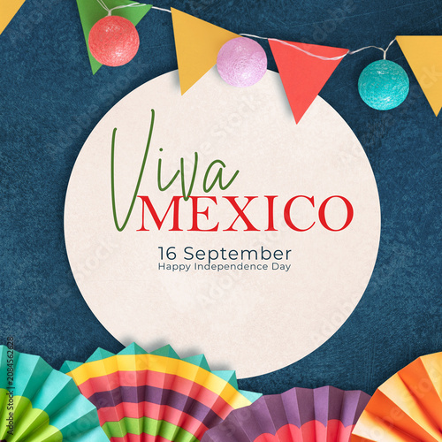 Mexico Independence Day Background with Viva Mexico Typography, Colorful Paper Fans, and Festive Bunting, for Holiday Greetings, Fiesta Promotions, Patriotic Campaigns, and Seasonal Designs