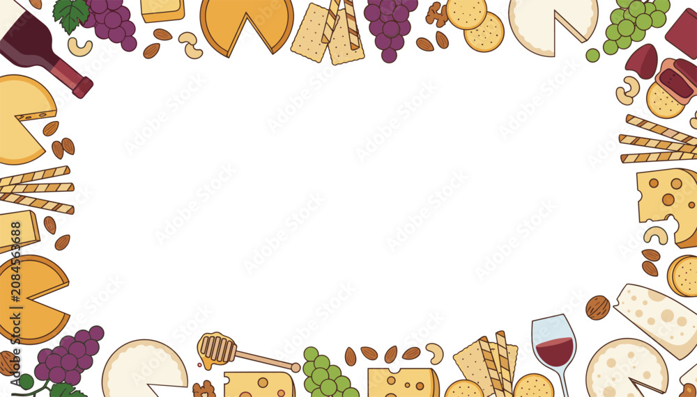 Fototapeta premium Frame border design featuring delicious cheese platter elements like grapes, nuts, wine, crackers, and honey.