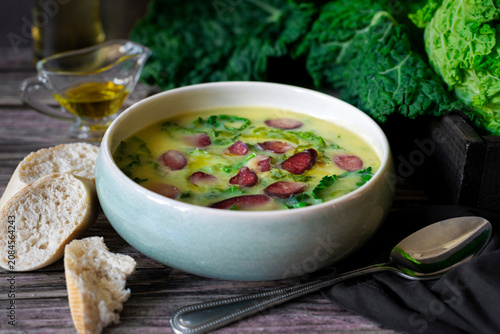 A bowl of Traditional Portuguese soup Caldo Verde