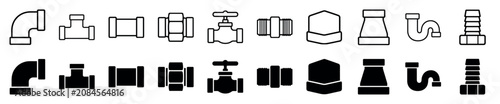 Collection of black plumbing pipe icons in line art and solid glyph styles, showing various fittings like valves, elbows, connectors, and traps for water systems