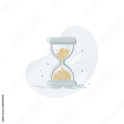 A stylized illustration of an hourglass with gold-colored sand. It is set against a light-grey background