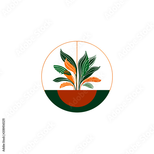 Stylized plant illustration with green and orange leaves within an orange circle, over a dark semi-circle