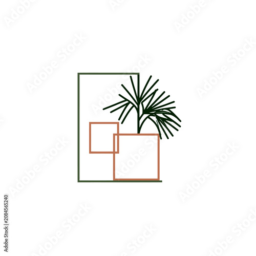 Minimalist logo design featuring a plant with thin leaves inside two overlapping squares and a larger frame