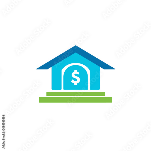 Graphic with a stylized house shape, including a dollar sign, and steps below it