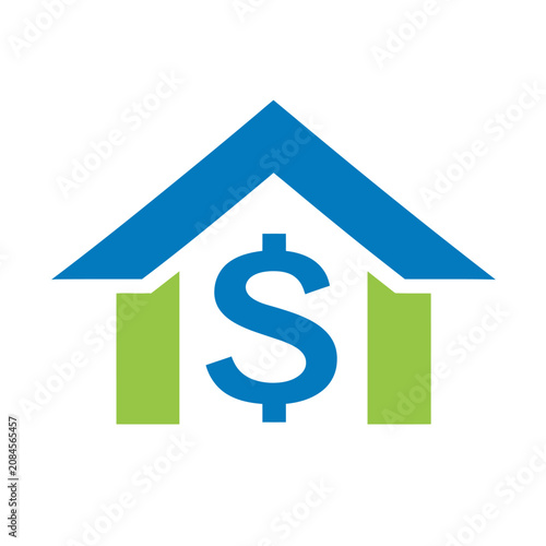 A house shape made of blue roof, green columns, and a dollar sign in blue