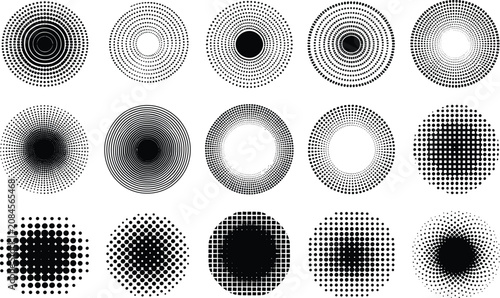 Abstract circular radial dot patterns geometric design monochrome graphic elements