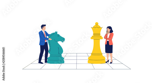 Quadro su tela Business people playing chess with giant game pieces.