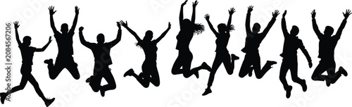 A group of black silhouettes of people jumping with arms raised, representing joy, success, celebration, and freedom, isolated on white background
