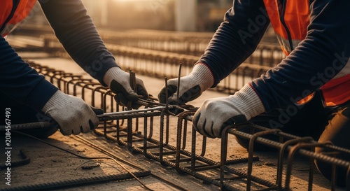 Skilled Workers Tie Reinforcing Steel Bars Together With Wire During Construction
