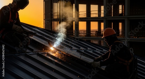 Skilled Workers Weld Rooftop Structures During Golden Hour Sunset