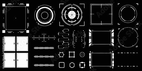 Schilderij op canvas futuristic frames and shapes line art on black background geometric circle squar