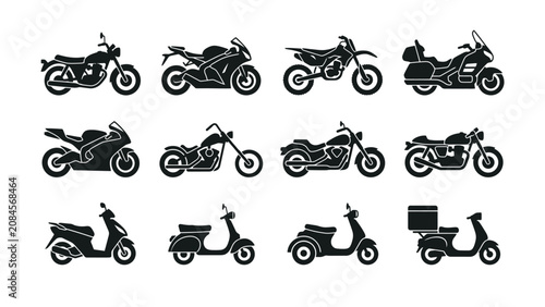 Foto Collection of various motorcycle and scooter silhouettes on white background