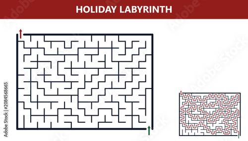 Holiday labyrinth with entrance and exit markers, solution included, puzzle activity