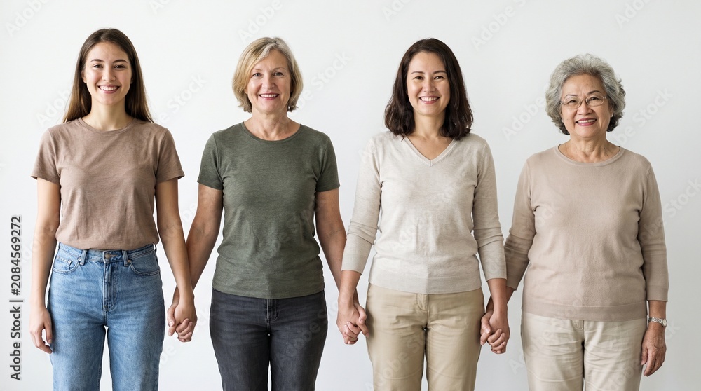 Obraz premium Four women of different ages holding hands and smiling against a white background