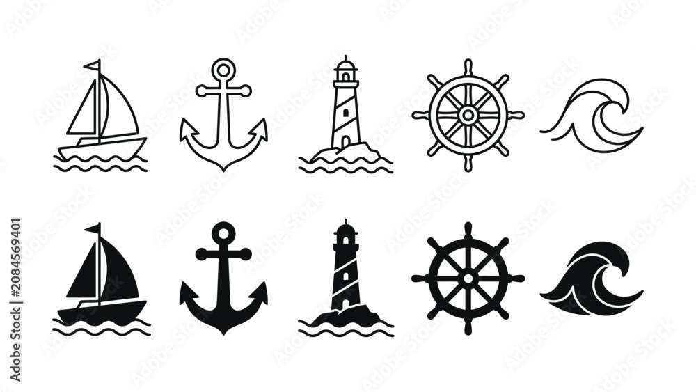 Fototapeta premium Nautical icons including sailboats anchors lighthouses ship wheels and waves on white background