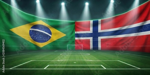 Brazil and Norway flags draped over soccer stadium field under bright floodlights, international football match, sports competition background.
