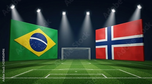 Brazil and Norway flags facing off on green soccer field under bright stadium spotlights, international football match, sports competition background.