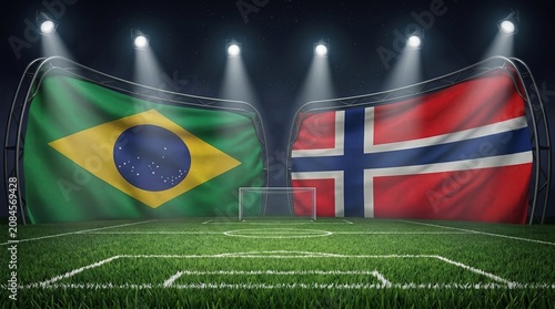 Brazil and Norway national flags displayed in illuminated soccer stadium at night, competitive match background, international football tournament.