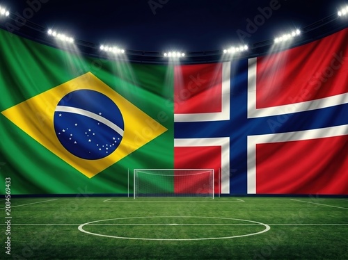 Brazil and Norway flags draped over soccer stadium goal under bright floodlights, international match background, football tournament competition.