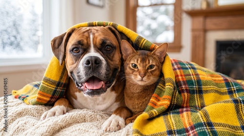  a smiling Boxer and a cute Abyssinian cat snuggled together under a bright yellow tartan winter blanket. 