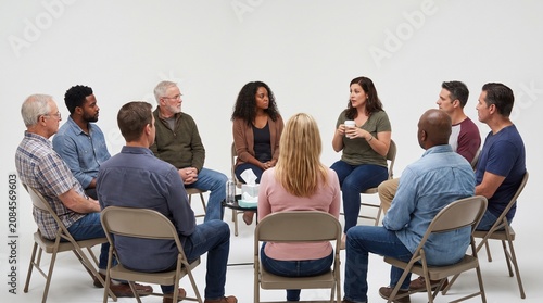 Diverse group of people sitting in a circle for a support group meeting