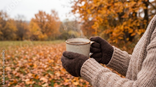Person holding hot coffee cup in autumn park with fallen leaves and steaming beverage