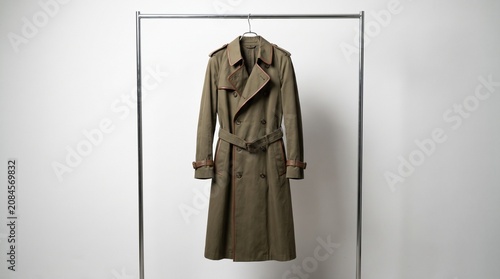 Classic Olive Green Trench Coat with Brown Leather Accents Hanging on a Metal Rack