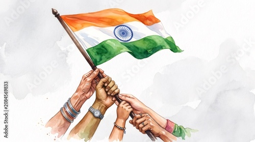 Diverse hands raising Indian national India flag