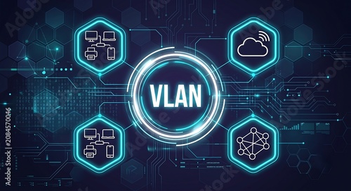 Business person working on virtual touch screen push acronym: VLAN. Virtual Local Area Network (VLAN) Computer Internet Information Technology   vector 