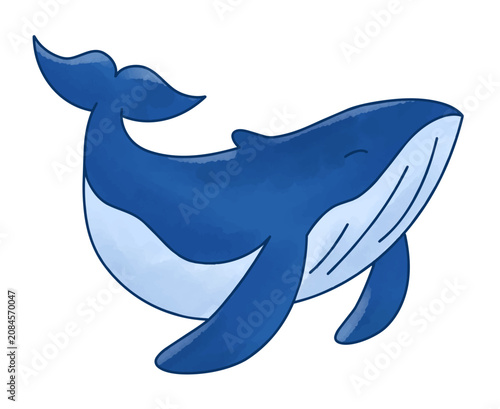 Cute blue whale cartoon illustration with a friendly ocean and marine theme.