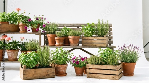 Assortment of potted herbs and flowers on rustic wooden shelves and bench