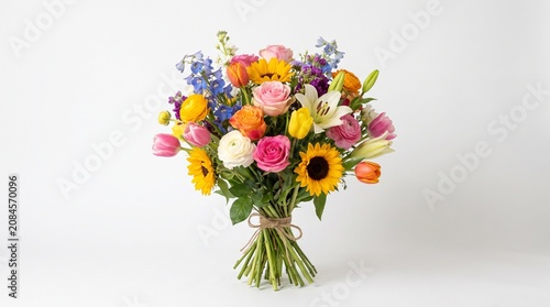Vibrant Mixed Flower Bouquet with Sunflowers Roses Tulips and Lilies on White Background