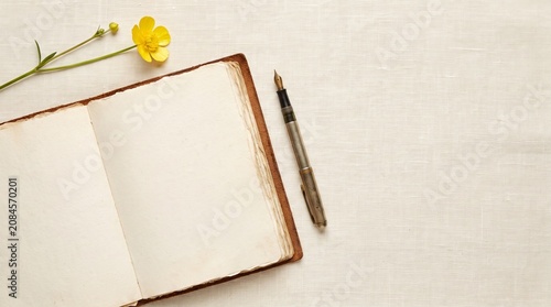 Vintage open notebook with fountain pen and yellow flower on textured background