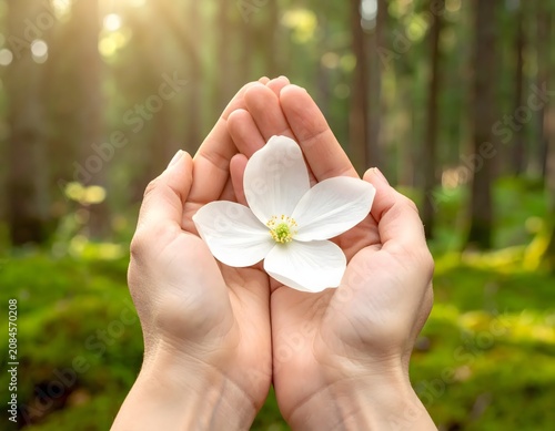 Close up of hands holding white rose in garden.