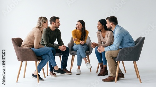 Diverse group of people sitting in chairs in a circle discussing ideas