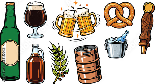Obraz na plátne Craft beer vector illustration icon set featuring bottles toast mugs barrel keg