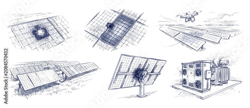 Fotografía Solar panel maintenance damage vector icons set featuring solar farm inspection drone, broken photovoltaic module, faulty tracking motor actuator, and overheating transformer substation sketch