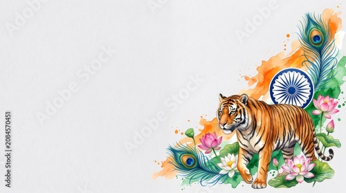 Bengal tiger walking among lotus and India flag colors