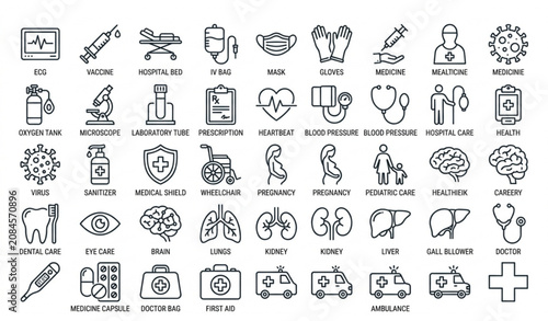 Tableau sur toile Modern Medical Healthcare Thin Line Icons Editable Stroke Hospital and Wellness