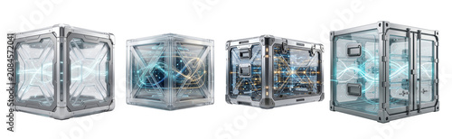 A futuristic transparent cube with complex electronic circuits and wires on transparent background