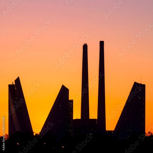 Silhouette of power plant at sunset with smoke.