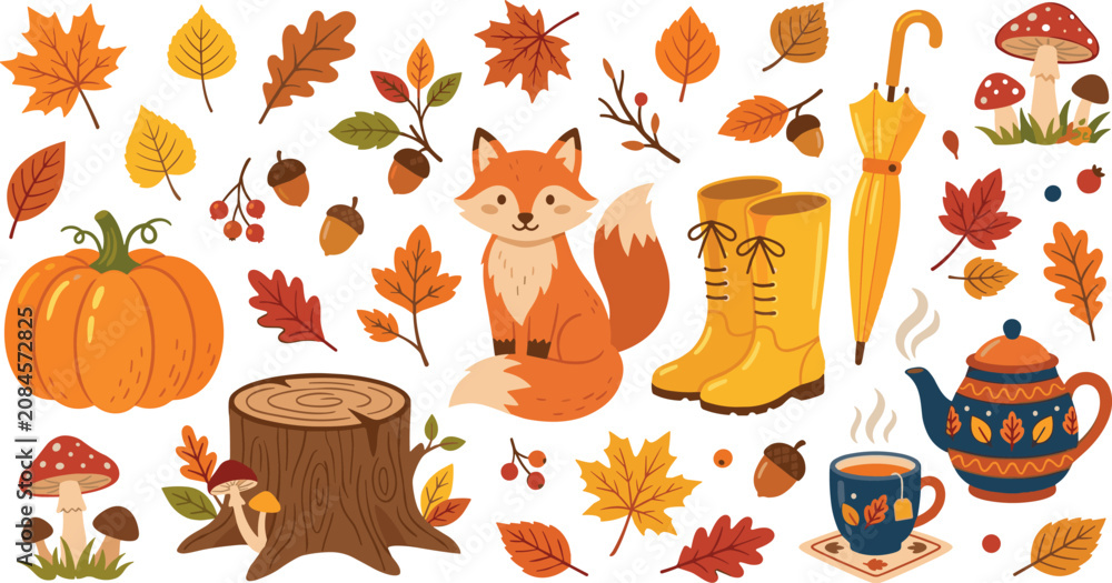Fototapeta premium Cozy autumn vector elements collection with cute fox pumpkin colorful fall leaves yellow rubber rain boots umbrella mushrooms isolated on white background