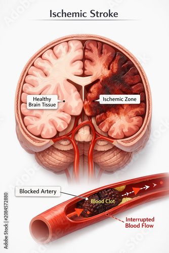 schemic stroke medical illustration with brain cross section showing infarcted zone, healthy tissue, blocked artery and blood clot.